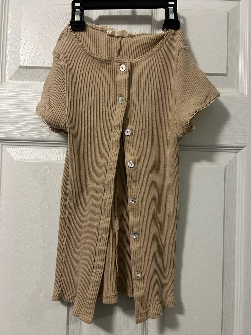 Button-Front Ribbed Top in Beige